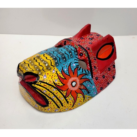 Handmade Carved Wood Cat Mask Jaguar Leopard Guatemala Mexico Folk Art Vintage - Picture 5 of 16
